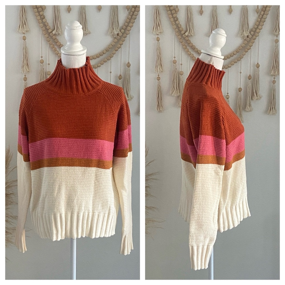 Unionbay chenille turtleneck sweater striped cream copper pink colorblock large